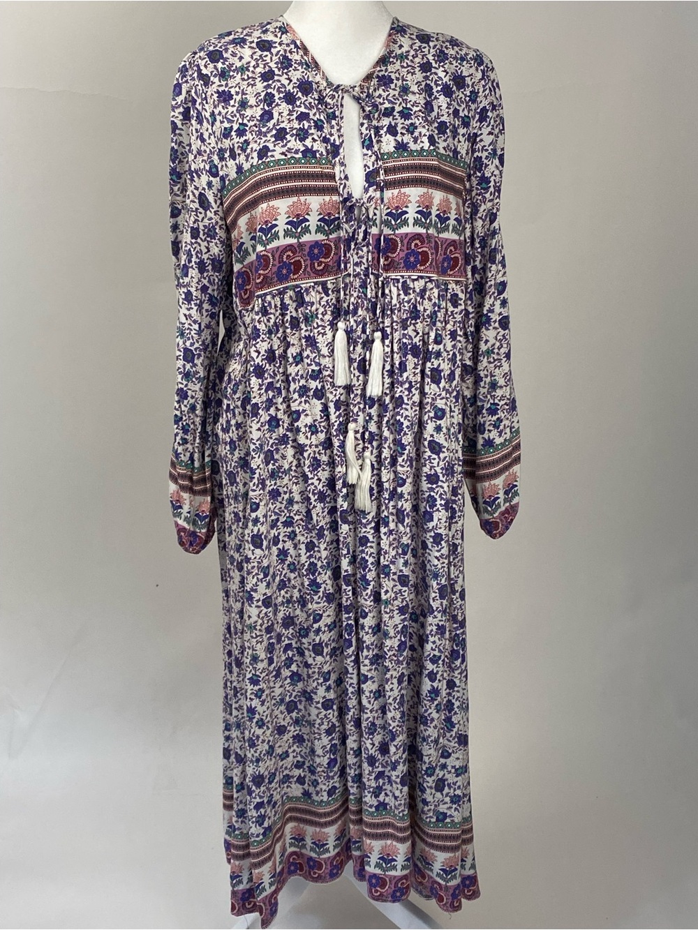 Boho Floral Purple Print Maxi Dress with Tassel Tie